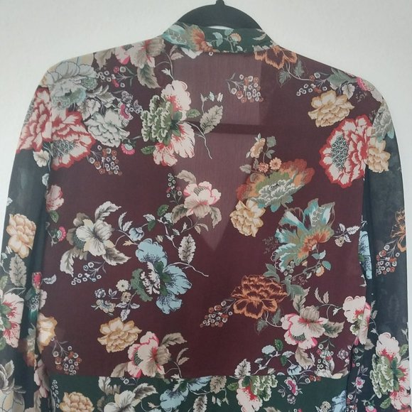 Zara Emerald Green & Burgundy Floral Chiffon Tie Neck Midi Dress - Picture 13 of 15